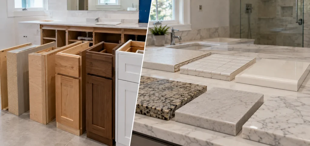 Bathroom vanity material comparison showing MDF plywood solid wood quartz granite marble and laminate countertops