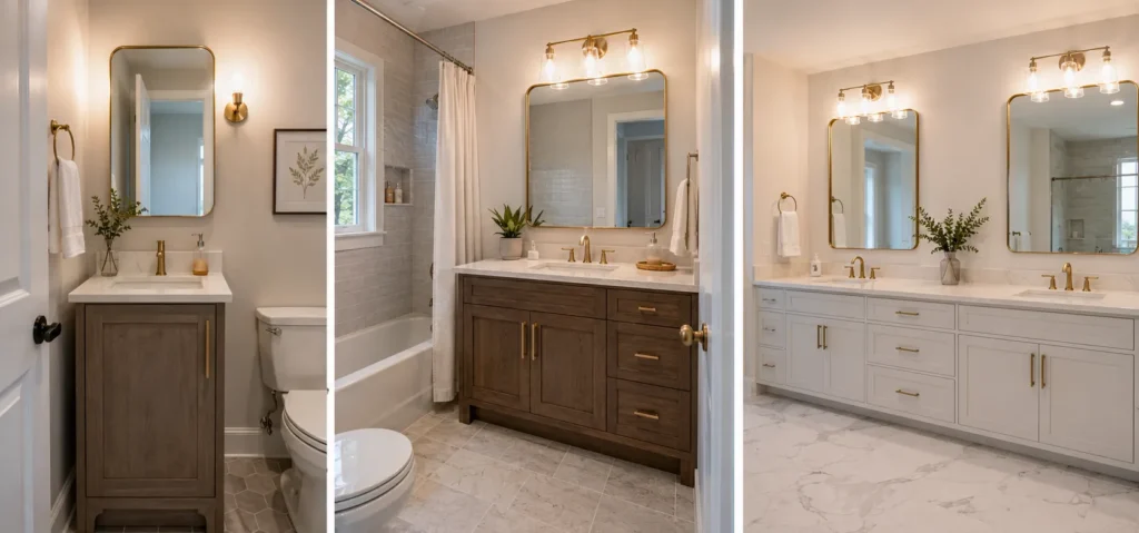 Comparison of bathroom vanity installations in powder room standard bathroom and primary bathroom