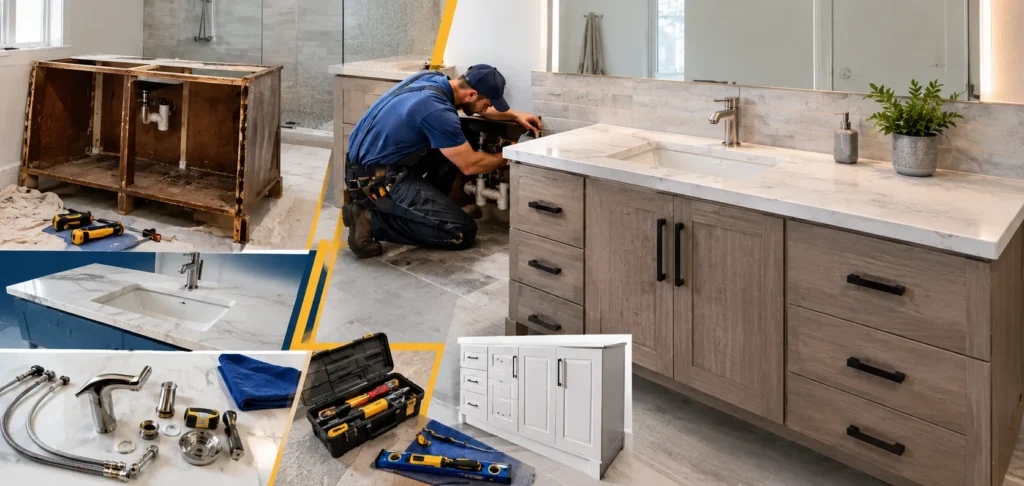 Bathroom vanity cost infographic showing cabinet labor plumbing countertop and removal expenses