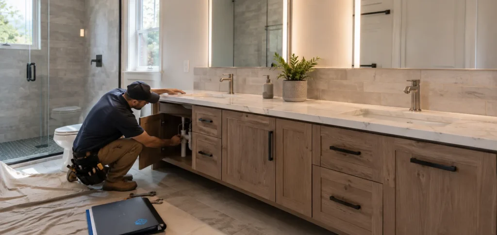 Modern bathroom vanity installation showing cabinetry countertop sink plumbing and professional installation work