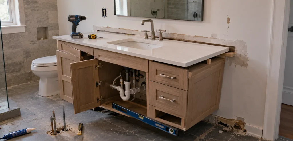 Bathroom vanity installation mistakes involving improper leveling plumbing connections wall damage and poor cabinet fitting