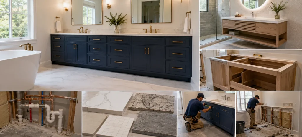 Infographic showing bathroom vanity size plumbing countertop labor and site preparation cost factors