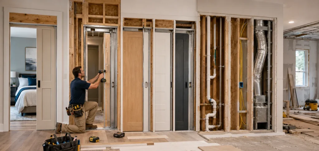 Pocket door installation cost factors including wall structure door material hardware utilities and labor
