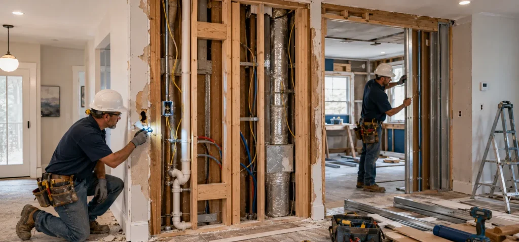 Pocket door retrofit revealing hidden plumbing electrical HVAC and structural work behind the wall