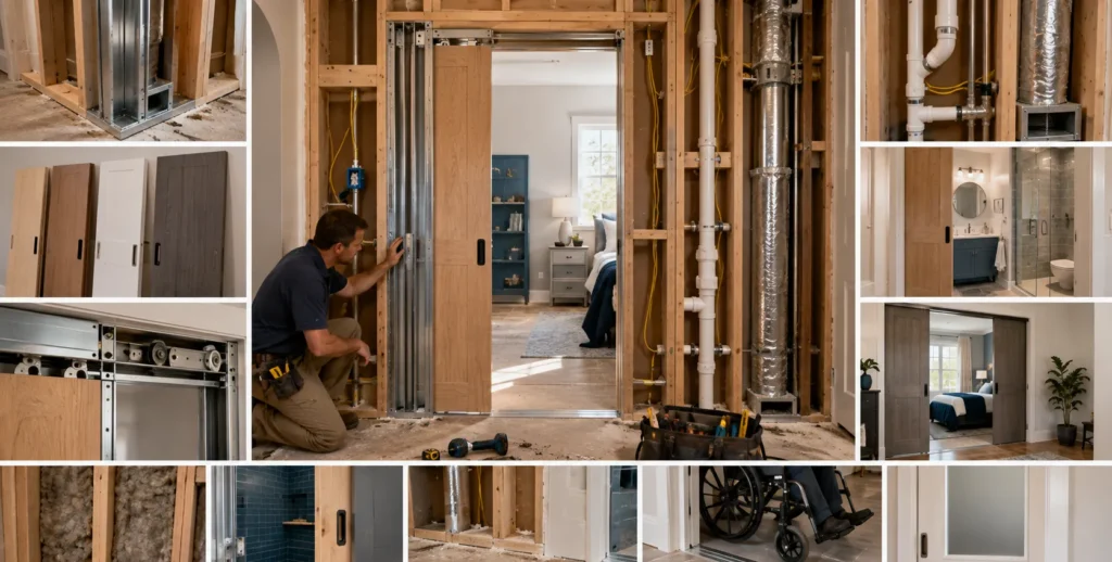 Pocket door selection guide showing wall thickness material frame track hidden utilities and room application
