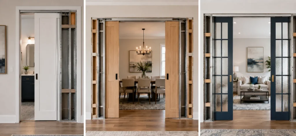 Comparison of single bi-parting and French pocket door systems in residential interiors