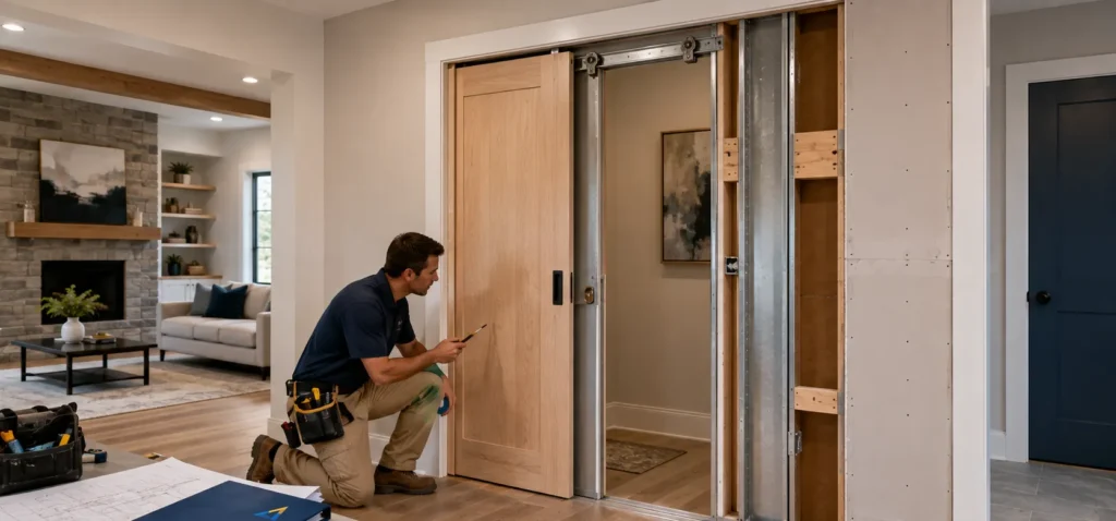 Modern pocket door installation in a residential interior showing door hardware framing and professional construction work