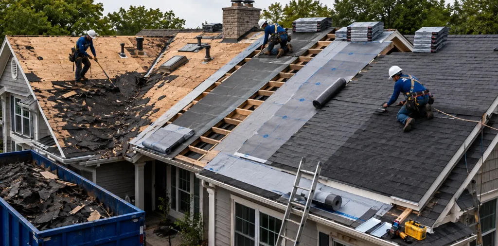 Roof replacement cost breakdown showing materials labor tear off decking water shield and permits