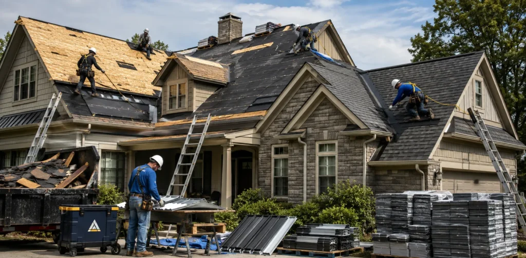 Roof replacement project showing roofing materials, installation work, and residential cost estimating