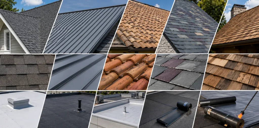Roof replacement cost by material showing asphalt shingles metal tile slate wood and membrane roofing