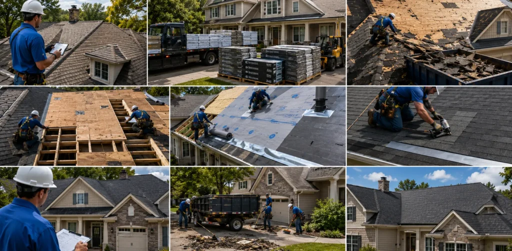 Roof replacement timeline showing inspection preparation tear off installation repairs and final cleanup